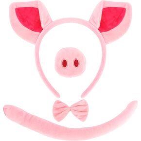 Pig Costume Set for Women Adult Pink Pig Ears Headband Nose Bow Tie and Tail Halloween Piglet Ears Costume Adult Animal Cosplay Dress Kit Accessories