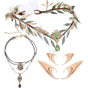 MOSTORY Renaissance Accessories Set Women - 4 Pcs Woodland Fairy Crown Layered Necklace Star Pedant Choker with Elf Ears Set for Renfaire Cotume Halloween Fairy Outfit Fantasy Cosplay