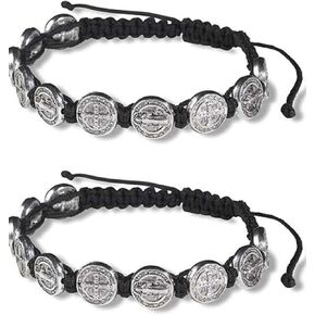 Silver Tone Saint Benedict Medal on Adjustable Black Cord Wrist Bracelet, 8 Inch, Pack of 2