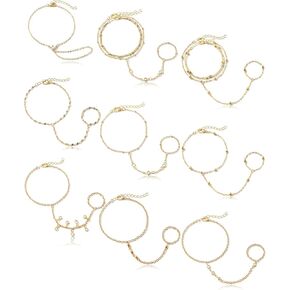 Tornito 9Pcs Hand Chain Bracelet for Women 18k Gold Plated Ring Bracelet Cubic Zircon Bead Flower Finger Bracelet Hand Jewelry Silver Gold Tone Size Adjustable