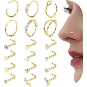 JSTYLE 14K حلقات أنف ذهبية للنساء للرجال - 20 جرام من الفولاذ المقاوم للصدأ حلقات الأنف الأطواق L على شكل أزرار