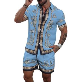 Men's 2 Piece Outfits Vacation Graphic Short Sleeve Button Up Shirts and Drawstring Waist Shorts Set Beach Outfits