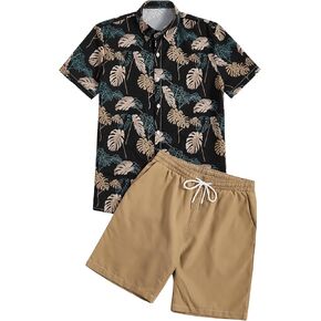 OYOANGLE Men's 2 Piece Tropical Print Button Down Short Sleeve Shirt and Drawstring Shorts Set Hawaiian Outfits