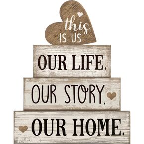 4 Pcs Wooden Farmhouse Tabletop Decor Farmhouse Tiered Tray Decor Our Home Centerpiece Wooden Heart Rustic Decorative Block Sign for Table Kitchen Shelf Desk Decoration