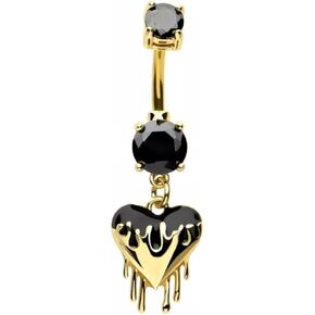 Pierced Owl 14GA 316L Stainless Steel Black CZ Crystal Dripping Heart Dangling Belly Button Ring