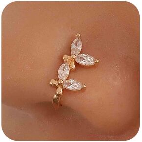 Vintage Crystal Butterfly Nose Ring Hoop Gold Rhinestone Nose Rings Stud Double Butterfly Nose Screw Stud Rings Boho Cz No Piercing Nose Hoop Clip on Nose Ring Jewelry for Women