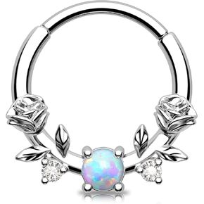 Melighting 16G Rose Septum Ring - Opal Jewelry Stainless Steel 316L 8/10 mm Daith Earring Clear CZ Flower Clicker Vine Helix Earring for Women