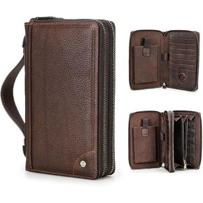 Full Grain Leather Clutch Bag for Men Anti-Lost Wallet Airtag Purse Travel 18 Cards Organizer Rfid Zipper Phone Wristlet Handbag (Brown)