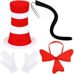 4 Pcs Cat Costume Set Include Top Hat,Oversized Bowtie,Gloves and Tail for Kids World Book Day Dress Up