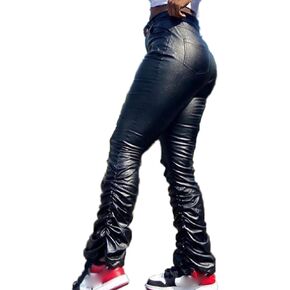 ECDAHICC Women's PU Leather Stacked Pants Shiny High Waisted Faux Leather Bell Bottom Pants Ruched Leggings Clubwear