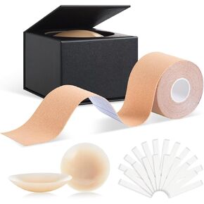Breast Lift Tape- Instant Boob Tape for Fashion with 20 Strips Double Sided Tape for Clothes & Reusable Nipple Cover