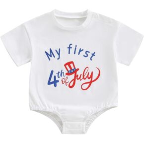 Newborn Baby Boy Girl My 1st 4th Of July Outfit Short Sleeve American Flag Car Firework Print Bubble Romper