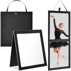 Foldable Backstage Mirror with Handle 24.61x 11.22 Inch Leather Folding Hanging Mirror Rectangular for Travel Dance Bag Home Fitness Spa Gift for Dancers(Black)