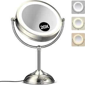 20x Large Lighted Makeup Mirror, Rechargeable 8.6" Magnifying Makeup Mirror, 30-Minute Timer,3 Color Modes, Adjustable Brightness, No Assembly Required, 360° Rotation Cosmetic Mirror, Pearl Nickel