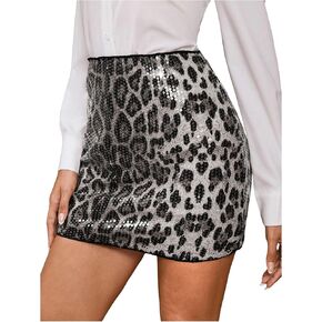 Verdusa Women's Leopard Print Sequin Mini Skirt Rave Party High Waist Bodycon Skirts