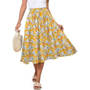 Women's Elastic High Waist Pleated A-Line Midi Skirts with Adjustable Tie Belt Side Pockets