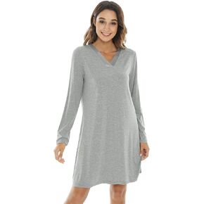 NACHILA Nightgowns for Women-Viscose Made from Bamboo,Long Sleeve Night shirt Soft Sleepshirt Satin V Neck Sleepwear