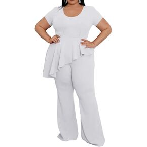Plus Size 2 Piece Sets for Curvy Women Short Sleeve Pleated Top Wide Leg Pants Sets Pockets Business Pantsuits