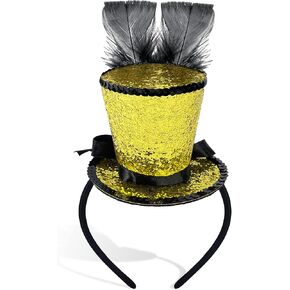 Mini Top Hat on Headband Gold Sequin with Black Feathers