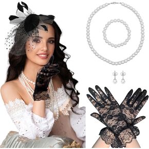 1920s Fascinators Hats for Women, Tea Party Set and Lace Gloves Pearl Jewelry Set for Cocktail Wedding Halloween
