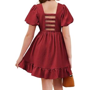 Arshiner Girls Summer Cut-Out Back A-Line Dress Puff Sleeves Square Neckline Flounce Hem Dresses