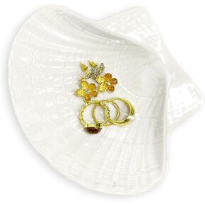 Shell Jewelry Ring Holder Dish, Cute Room Decor Seashell Jewelry Dish Tray, Small Ceramic Scallop Jewelry Plate Bowl, Engagement Ring Dish Trinket Dish, Wedding Jewelry Tray for Earrings, Keys, White