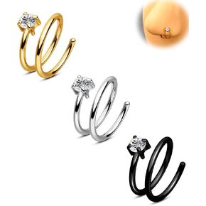 CM Crareesi Mania 3PCS Double Nose Ring Hoop for Single Piercing Pack, 316L Stainless Steel Spiral Twist Nose Hoop, 18G Nose Piercing Hoop for Women Clear CZ Twist Nose Ring