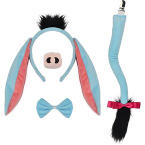 HODRME 4 Pieces Donkey Ears and Tail Set-Donkey Headband with Tail Nose Bow Tie Costume Accessories for Halloween Theme Party