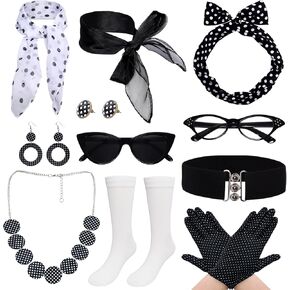 11Pcs 1950's Womens Costume Accessories Set 50s Chiffon Scarf Cat Eye Glasses Headband Headband Drop Dot Earrings Necklace Waistband Socks for Women Black