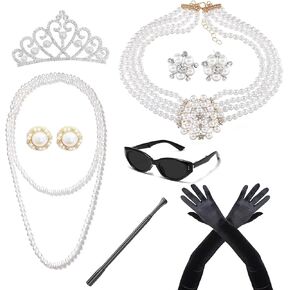 8 PCS 1920 Accessories Hepburn Costume Holly Golightly Costume Roaring 20s accessories for Women Halloween Costume Pearlace Detrings Gloves Sunglasses Flapper Party Cosplay