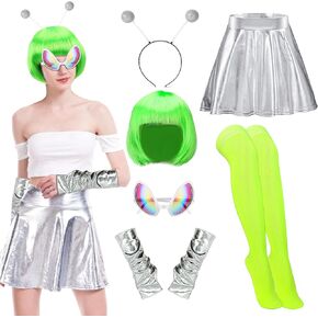 Vegove 6Pcs Funny Space Alien Costume for Women, Metallic Skirt & Headwear Kits, Halloween Raves Alien Dress Up Accessories