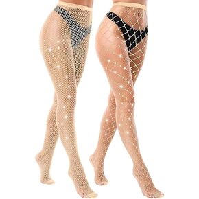 Forbidden Road 2 Pack Sparkly Tights Large and Small Mesh Fishnet Rhinestone Tights For Women Sexy Glitter Fishnets Stockings
