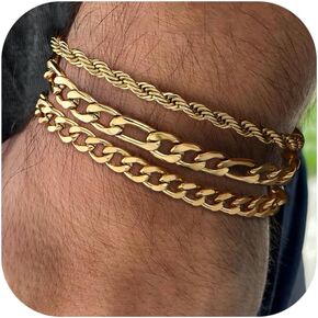 Loyallook 3PCS سلسلة أساور للرجال ، 316L من الفولاذ المقاوم للصدأ فيجارو حبل كوبي سوار للرجال النساء 14K الذهب/الفضة ، وهدايا لزوج أبي 6.5/7/7.5/8.3/9 بوصات