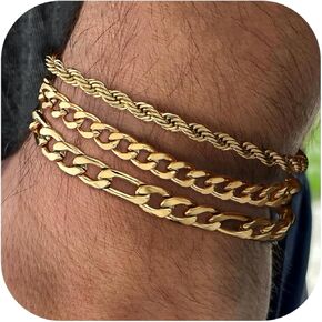 Loyallook 3PCS سلسلة أساور للرجال ، 316L من الفولاذ المقاوم للصدأ فيجارو حبل كوبي سوار للرجال النساء 14K الذهب/الفضة ، وهدايا لزوج أبي 6.5/7/7.5/8.3/9 بوصات in Kuwait