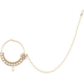 I Jewels 18k Gold Plated Indian Wedding Bollywood Ethnic Bridal Nose Ring/Nath Without Piercing with Pearl Chain Encased with Pearl Stone for Women/s (NL37)