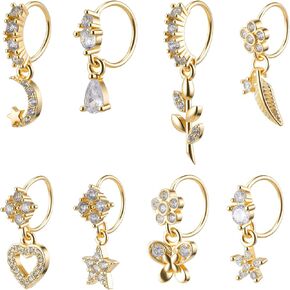 8pcs Dangle Nose Ring,Gold Star Nose Hoops Dangling Heart Flower Hoop Piercing Jewelry for Women Butterfly Leaf Cartilage Dangly Rings Hoops