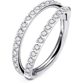 Ruifan 20G 18G 16G Titanium Nose Rings Hoops for Women Double Open Stack CZ Clicker Hinged Septum Nose Ring Lip Helix Cartilage Hoop Earring Daith Rook Conch Body Piercing Jewelry for Women