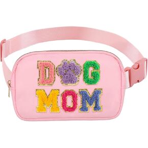 Fanny Packs Dog Mom Gifts for Women, Chenille Letter Dog Mom Nylon Crossbody Bags Birthday Mothers Day Gifts for Wife Dog Lovers Pet Owners, Rose Red Belt Bag Must Haves for Travel Running Walking