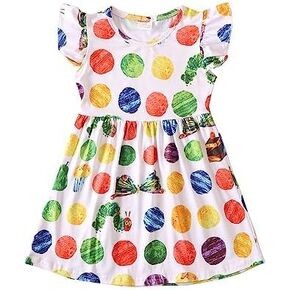 Toddler Girls Dress Caterpillar Print Dresses Ruffle Bottom Flutter Sleeve Apparel 2-8Y