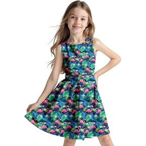 Sleeveless Summer Dress for Girls, Tropical Print Beach Vacation Sundress for Party and Birthday Gift