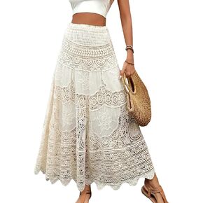 Women's Crochet Skirt High Waist Maxi Stretchy Boho Hollow Out Flowy Lace Skirts