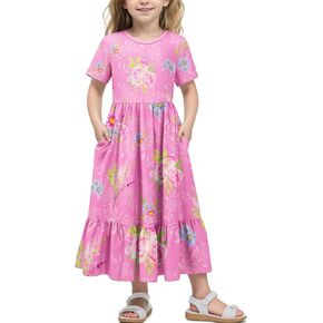 LQSZ Girls Maxi Summer Dress with Pocket Short Sleeve Spring Boho Long Sundress Casual School for Kids Size 3-12 Years