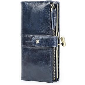 Kiss Lock Wallet for Women Leather Clutch Wallet Vintage Coin Purse RFID Wallet Bifold Blue Card Phone Holder