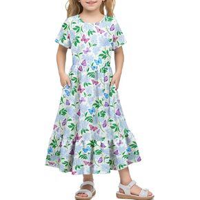 LQSZ Girls Maxi Summer Dress with Pocket Short Sleeve Spring Boho Long Sundress Casual School for Kids Size 3-12 Years in Kuwait