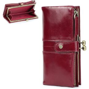 Kiss Lock Wallet for Women Leather, Kiss Clasp Wallet Coin Card Purse RFID Clutch Wallet Zipper Red Vintage Phone Holder