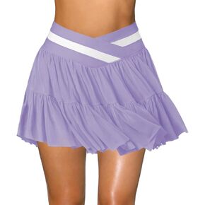 Women's Pleated Flowy Ruffle Tennis Skirt Skort for Women Crossover High Waisted Mini Athletic Skirt with Shorts Pocket in Kuwait