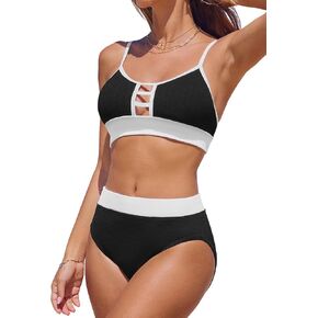CUPSHE Women's Bikini Sets Two Piece Swimsuit Scoop Neck Cutout Color Block Seamless Spaghetti Adjustable Straps