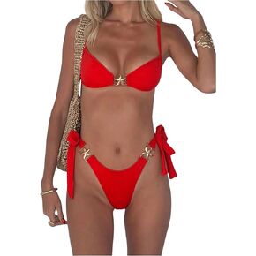 GORGLITTER Women's 2 Piece Thong Bikini Sets Ring Linked High Cut Swimsuits Tie Side Bathing Suit