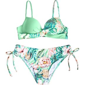 Makemechic Women's 2 قطعة بيكيني مجموعة طباعة استوائية التفاف الضغط على السباغيتي حزام التعادل بدلة السباحة الجانبية