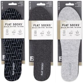 FLAT SOCKS 3 Pack Washable No Show Sockless Shoe Liners, Barefoot Show Inserts for Women and Men, Non Slip, Odor Control, Black, Dark & Light Heather Grey (Small)
